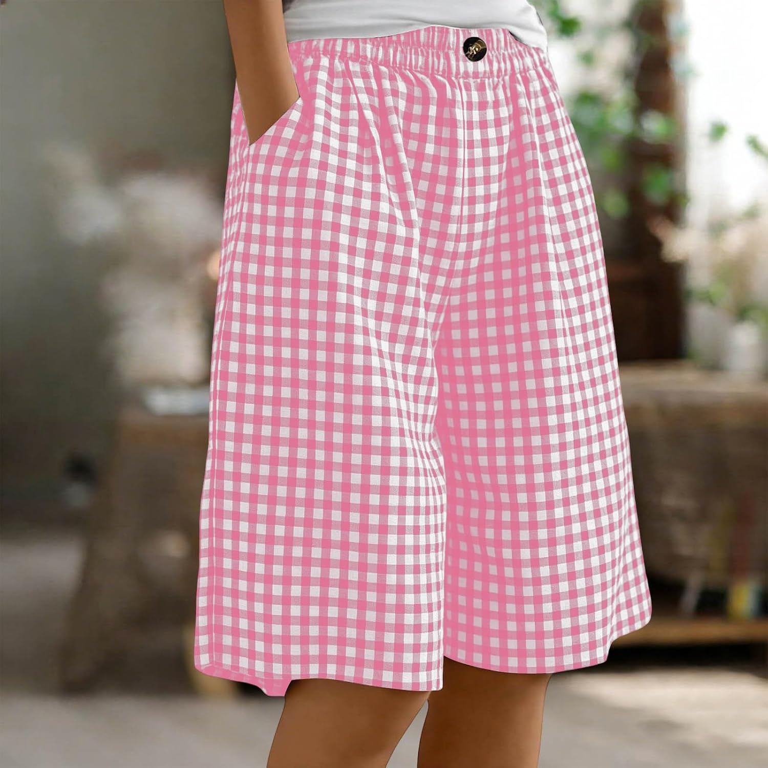 Bermuda Shorts for Womens Gingham Knee Length Imitation Cotton and Linen Pants Baggy Casual Cute Bottoms with Pockets