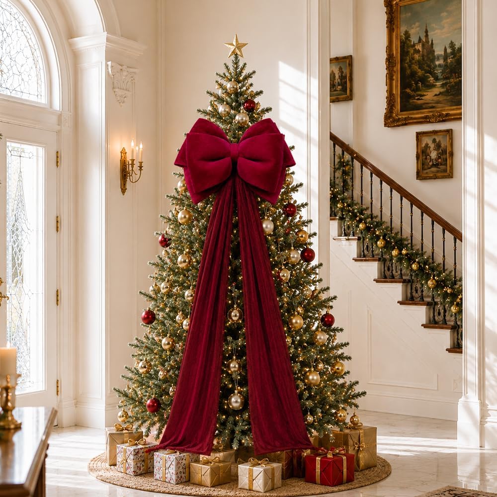 19.6 X 59 in Christmas Burgundy Velvet Large Bow Tree Topper Decorations