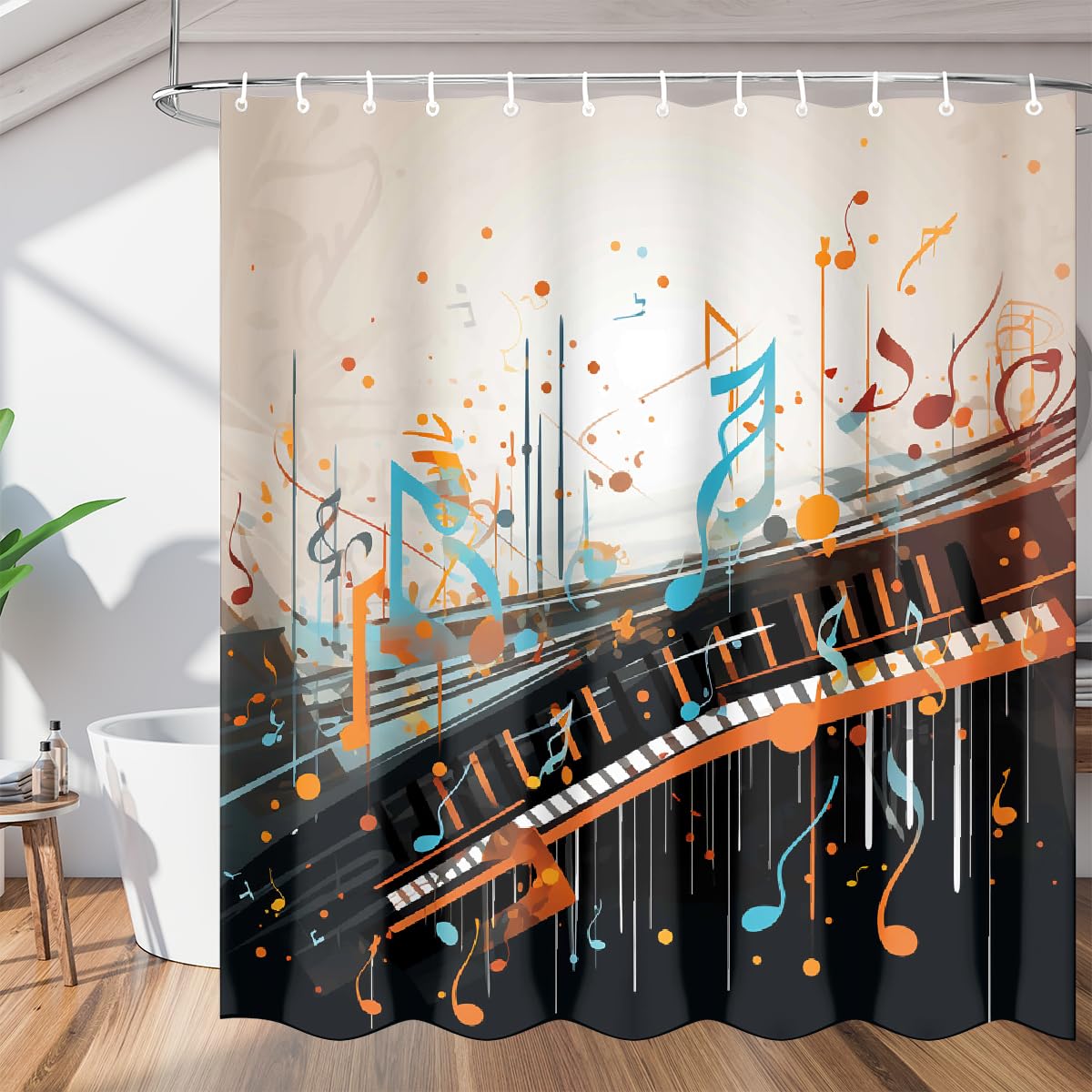 Mexpekil Shower Curtain 72"x72", Retro Abstract Piano Key Music Note Bathroom Curtain with 12 Hooks, Mould Proof Waterproof Washable Fabric Bathtub Curtains, 183 x 183 cm