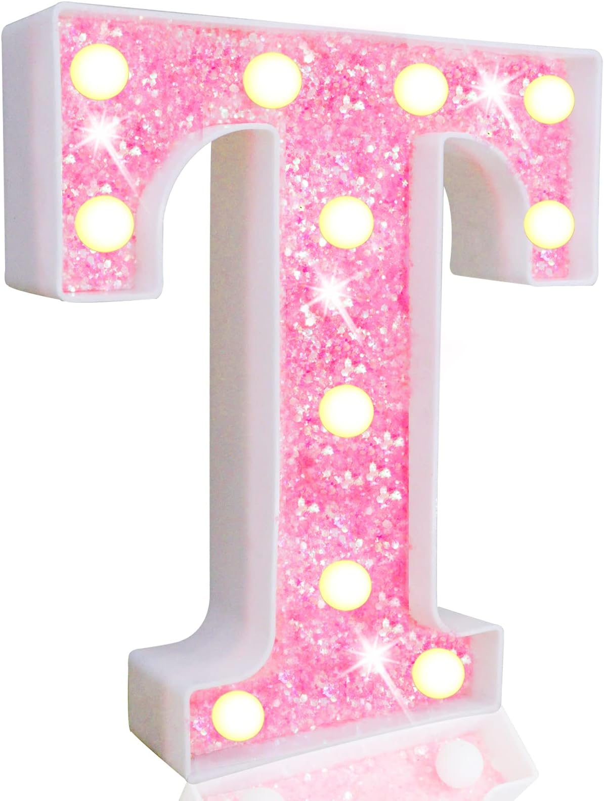 Pooqla LED Marquee Letter Lights, Pink Glitter Light Up Letters Alphabet Sign Battery Powered Night Light, Birthday Party Wedding Girls Gifts, Christmas Room Dorm Bedroom Decoration, Pink Letter T