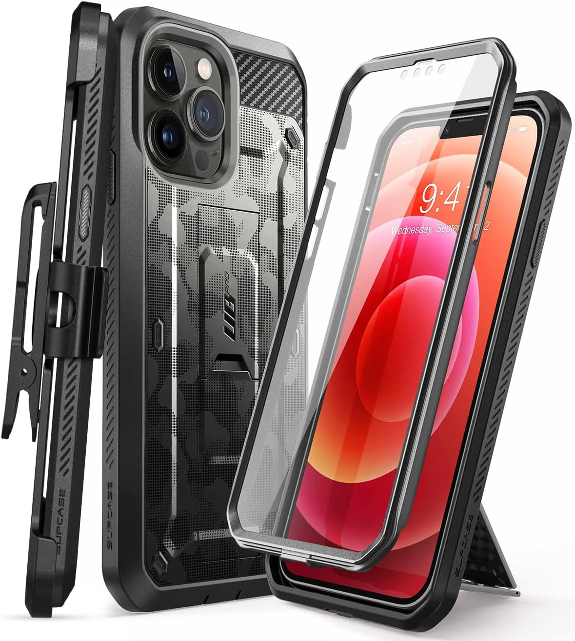 SUPCASE for iPhone 13 Pro Max Case with Screen Protector (Unicorn Beetle Pro), [Built-in Stand & Belt Clip] Heavy Duty Full-Body Rugged Kickstand Protective Phone Case for iPhone 13 Pro Max, CamoGray
