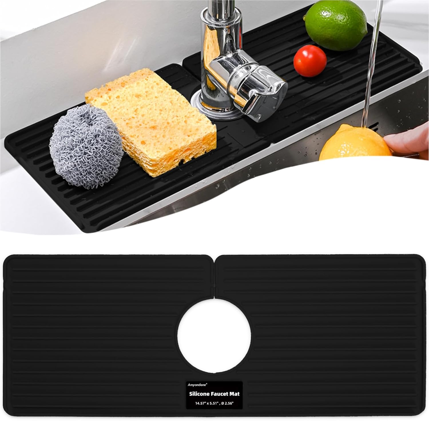 Faucet Mat for Kitchen Sink, Silicone Faucet Handle Drip Catcher Tray, Drying Mat as Sponge and Soap Holder with Lateral Inflow for Kitchen Bathroom Farmhouse & RV Sink Accessories (Black) Smoky Black 14.5"X5.5"