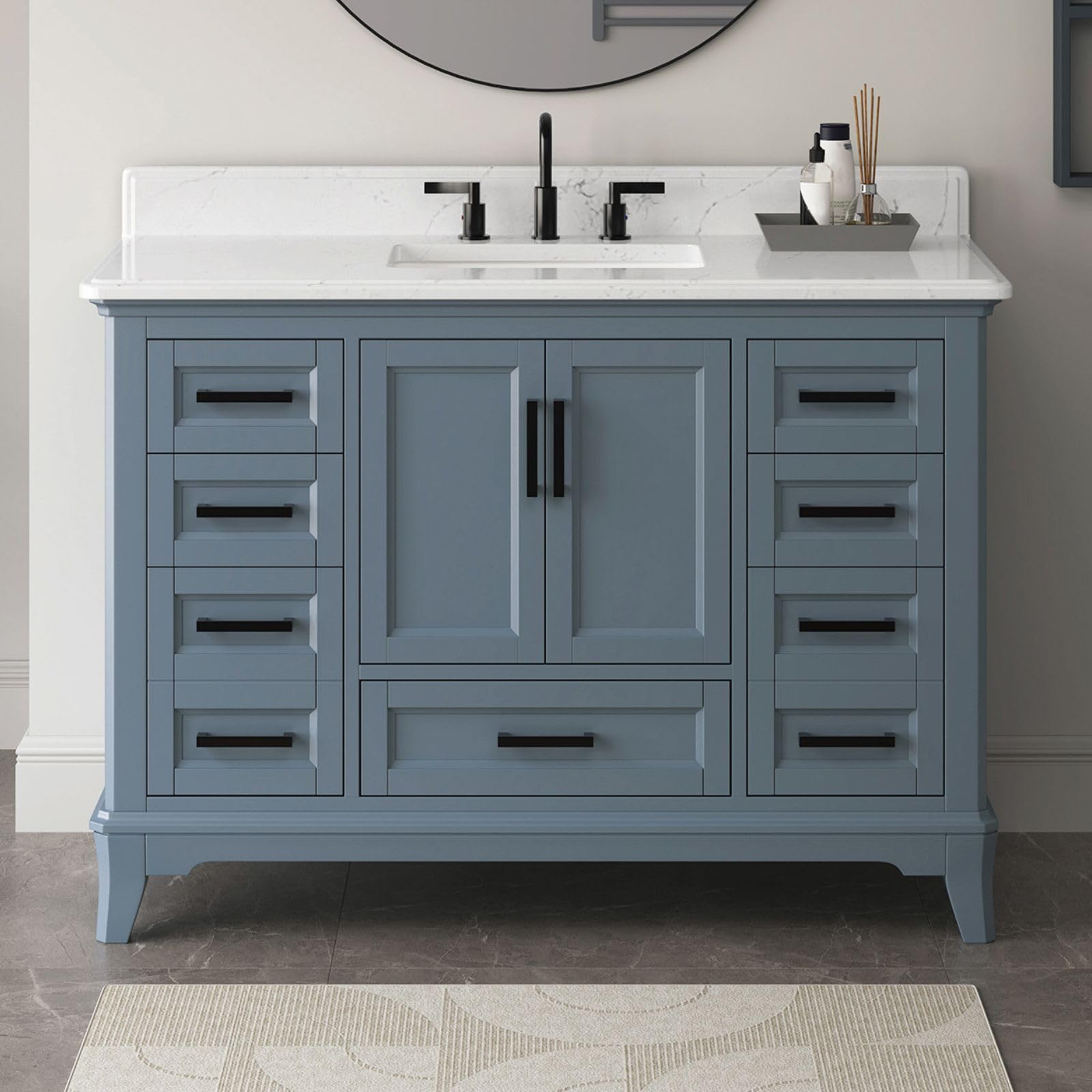 DELUXE LIVING 48 Inch Bathroom Vanity with Sink, Modern Bathroom Vanity with White Quartz Countertop, Solid Wood Frame Bathroom Sink Cabinet with Soft