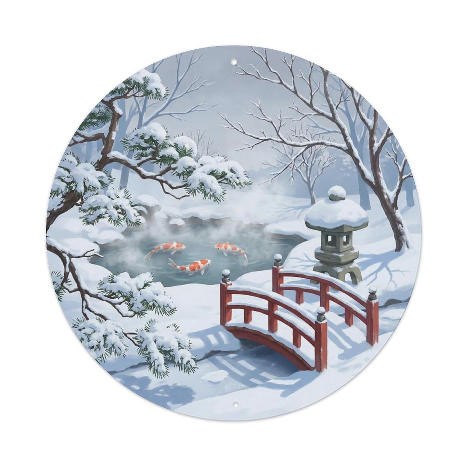 Olyhtr 8X8inch Classic Style Winter Snow Japanese Koi Garden Scenic Seasonal Metal Tin Sign