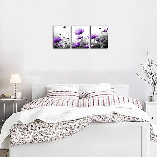 Miniatura 32 de Lienzo decorativo para pared, diseño de flores silvestres moradas, fondo blanco y negro, 3 piezas, arte contemporáneo para decoración del hogar