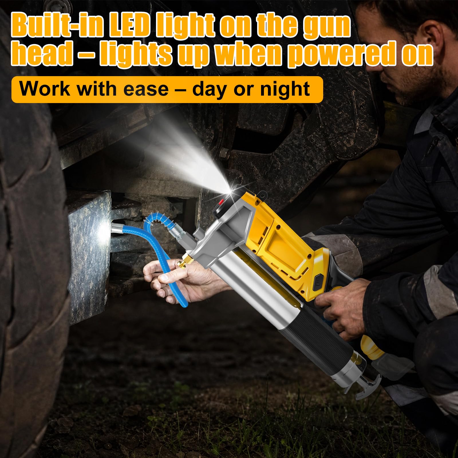 Pistola de engrase a batería compatible con batería Dewalt de 20 V, caudal de 160 g/min, 6000 – 13000 PSI de alta presión | Luz LED, diseño 2 en 1 (parado/tumbado), para coche, maquinaria