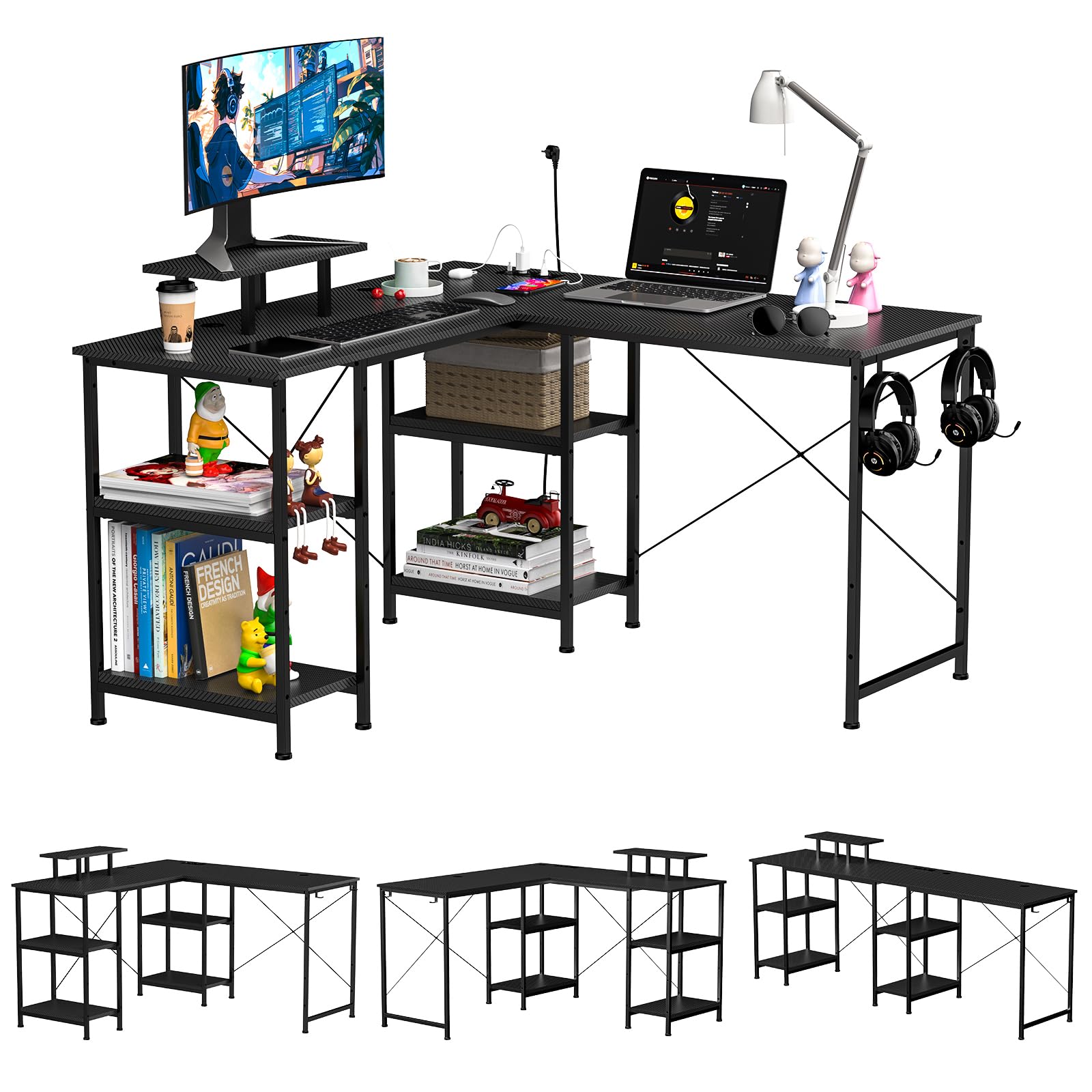 Utlenianie Escritorio Esquinero, Escritorio de Esquina en Forma L para Gaming, Reversible Mesa Escritorio con Soporte Monitor, Enchufes y Puertos de Carga USB, 130x130cm (Tipo L)