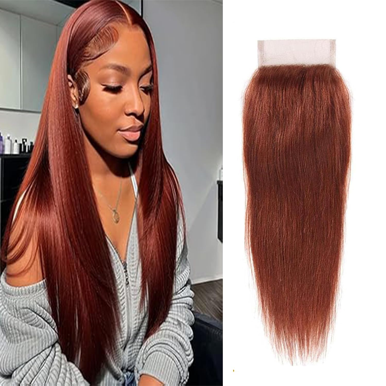 Lace Closure 4X4#33 Reddish Brown Straight 100% Unprocessed Brazilian Virgin Human Hair With Pre Plucked Baby Hair Transparent Lace Closure For Women 16 Inch