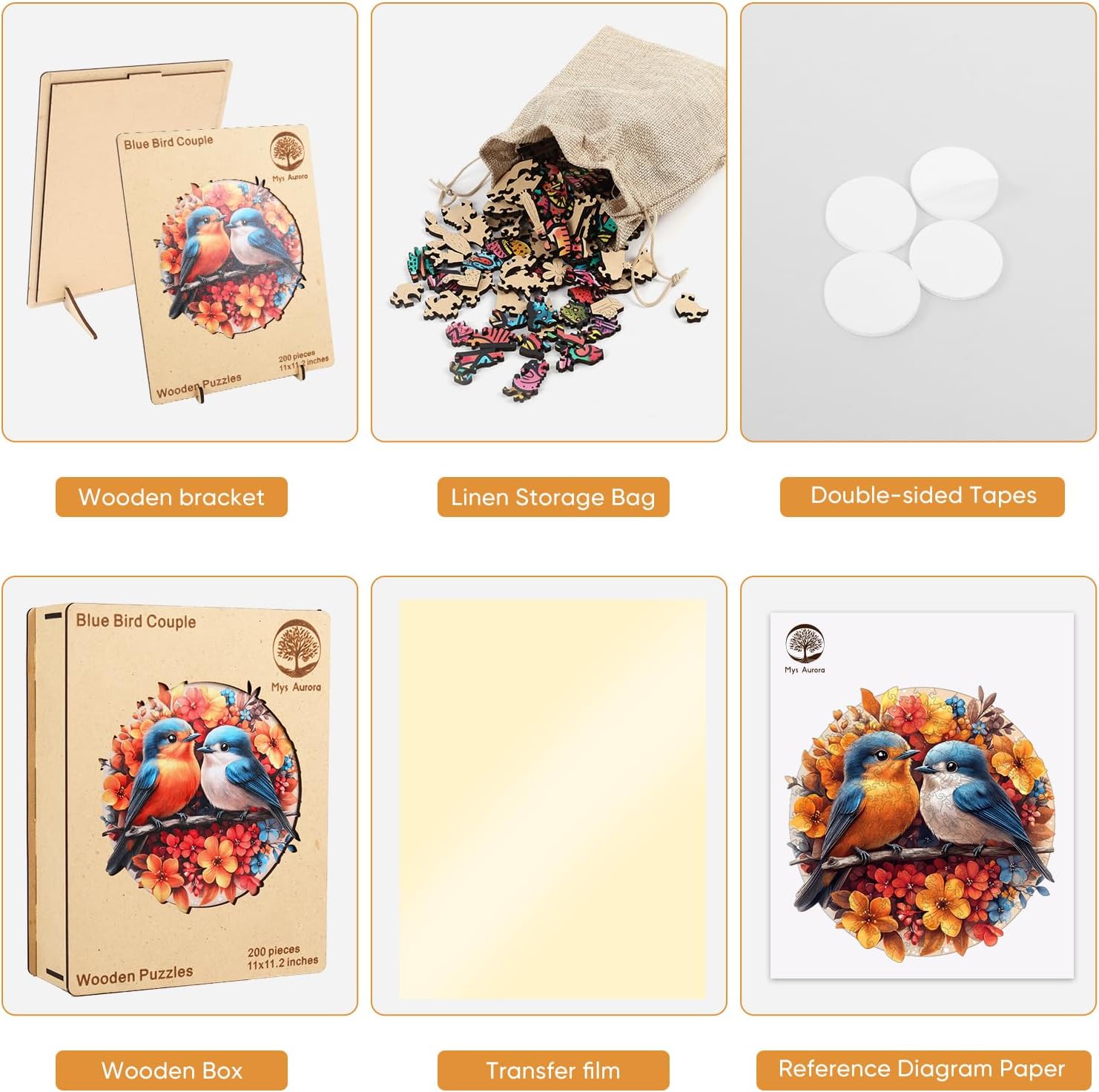 Mys Aurora Wooden Puzzles for Adults, Robin Bird Couple Jigsaw Puzzles 200 Pieces, 11 x 11.2 Inch, Medium, Unique Shaped Round Blue Birds Puzzles for Adults and Kids, Family Game