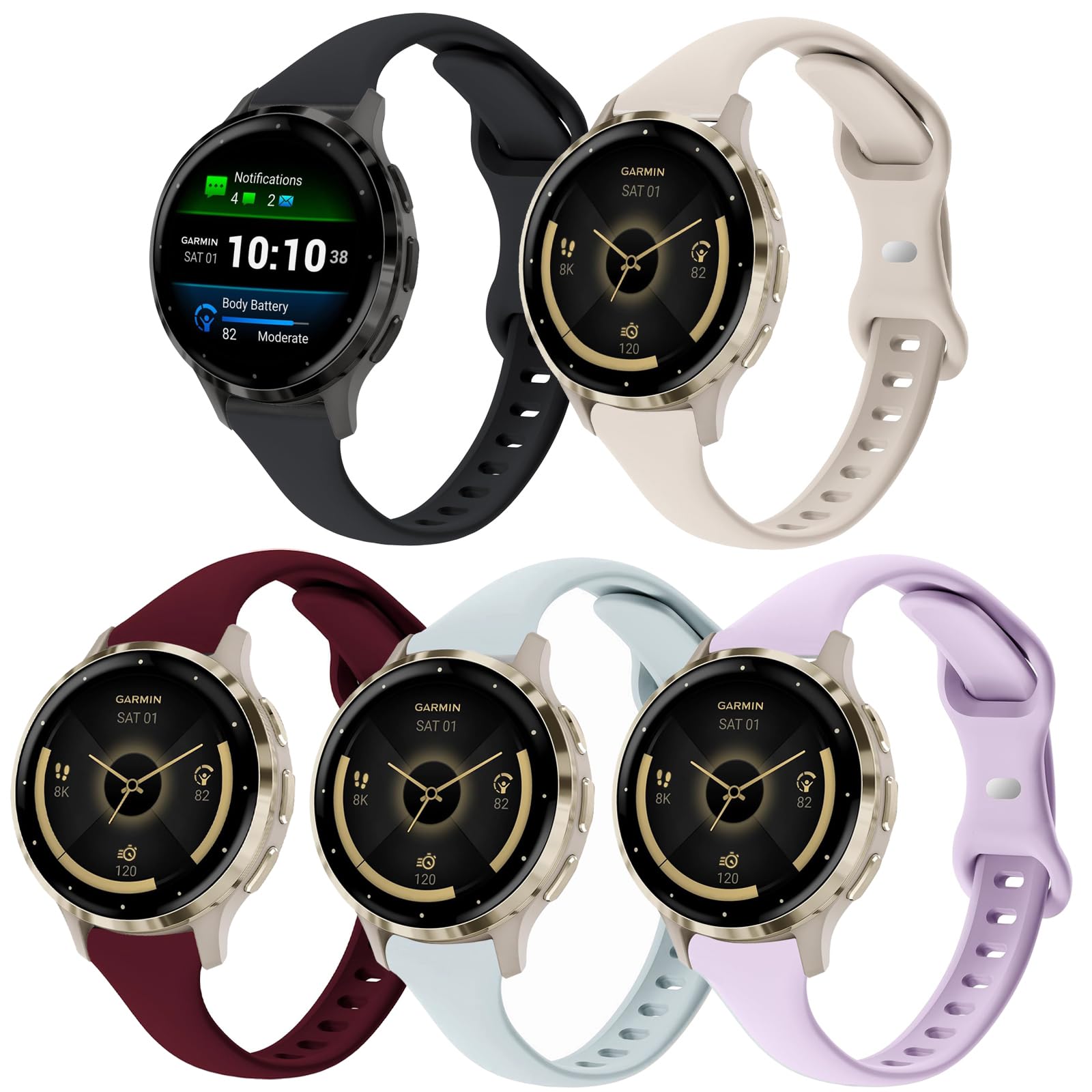 5 Pack Slim Silicone Watch Bands Compatible with Garmin Venu 3S /Vivoactive 4S /Venu 2S / Vivomove 3S, 18mm Thin Soft Narrow Sport Replacement Wristband Straps for Garmin Forerunner 255s/265S