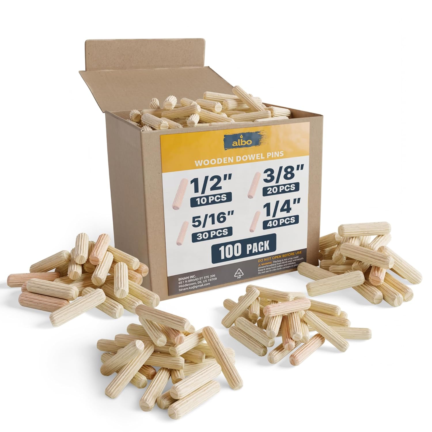 ALBO Wooden Dowel Pins 1/2 x 2 inch Fluted Wood Dowels Rods 100 Pack Hardwood Crafts Dowel Pegs