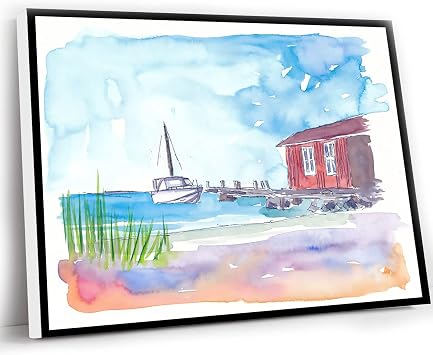 Wall Decor Framed Art,Bright Bedroom Decor,Midsummer Hygge Dreams Island Boat Landing Wall Decoration Edition Fine Art Print Watercolor Prints Painting,12x16 Inch Framed Wall Art