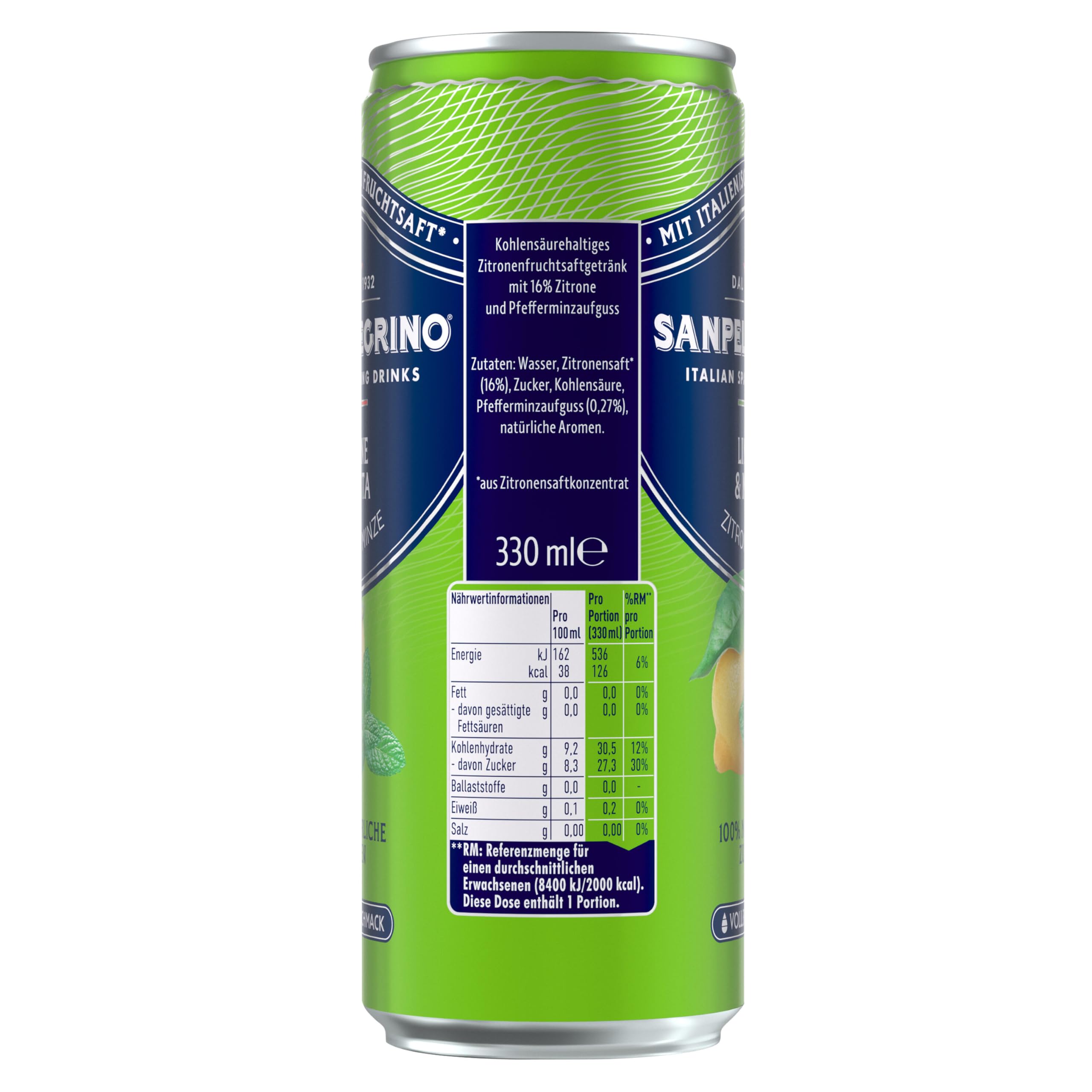 San Pellegrino Limone & Menta, Zitrone-Minze-Limonade mit 16% Zitronensaft (aus Konzentrat), 24er Pack (24 x 330ml) Einweg-Dosen