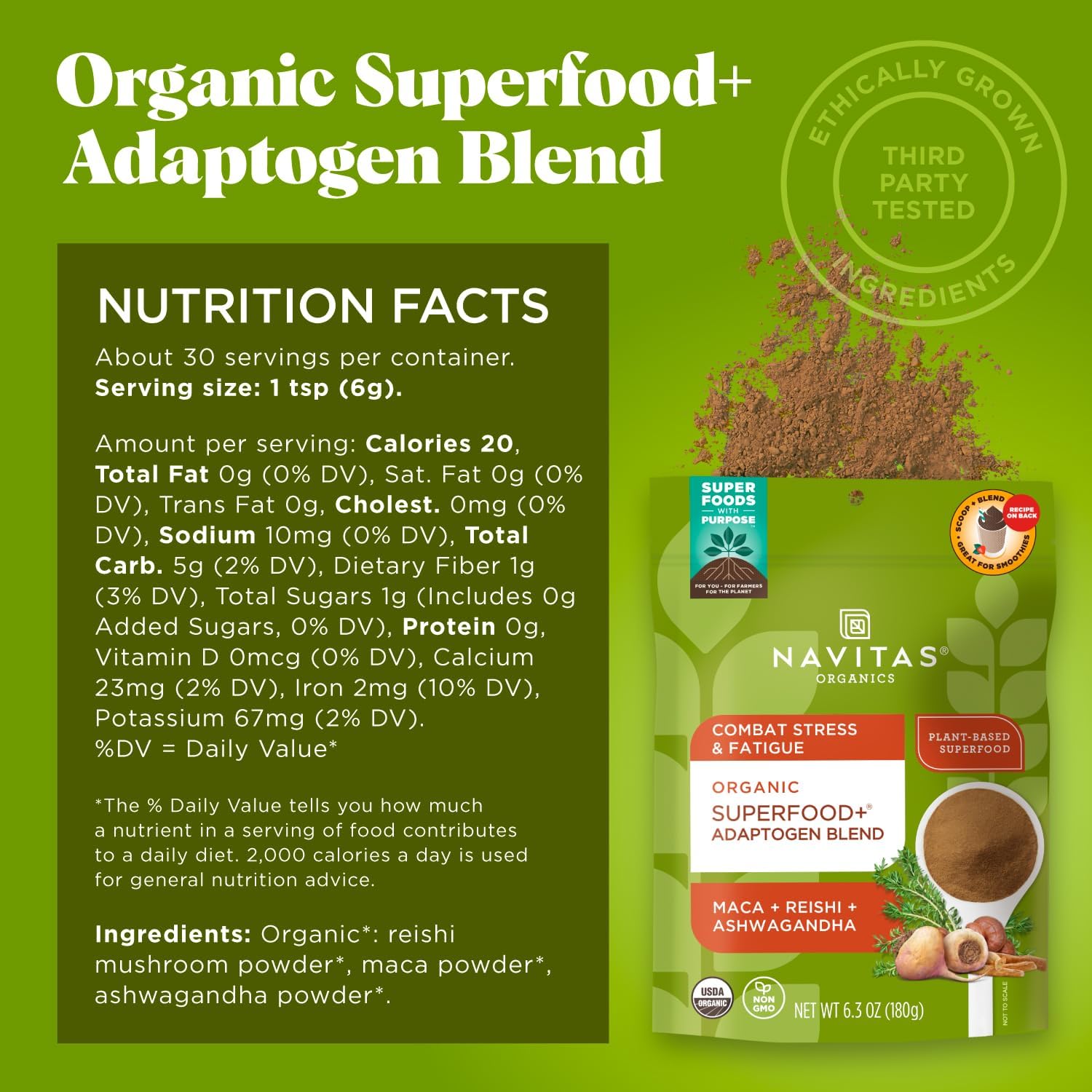 Navitas Organics Superfood+ Adaptogen Blend for Stress Support (Maca + Reishi + Ashwagandha),6.3oz Bag,30 Servings — Organic,Non-GMO,Vegan,Gluten-Free,Keto & Paleo.,(Pack of 2)