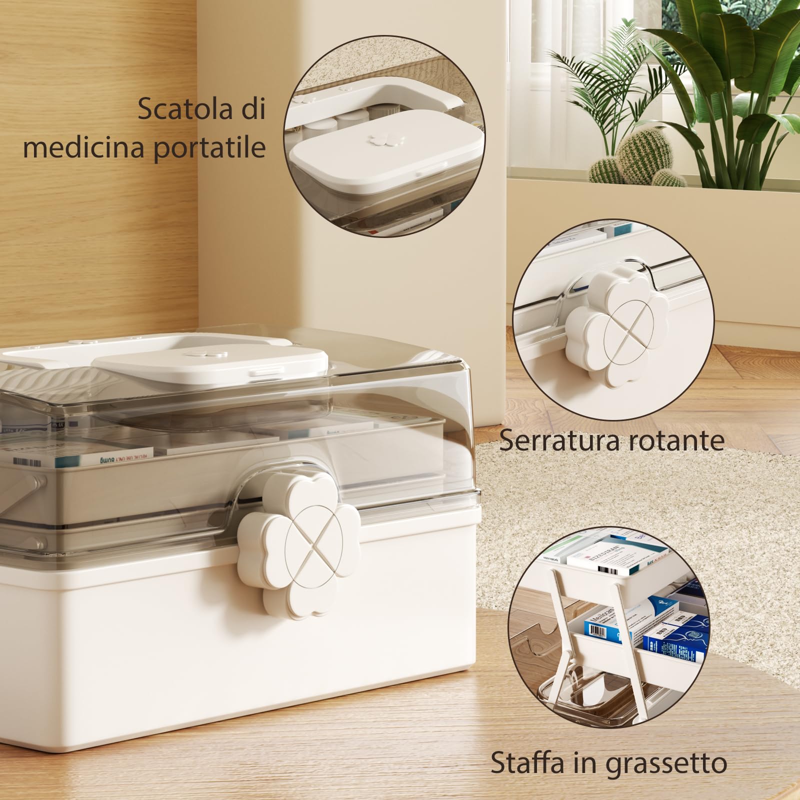 Mihoho Grande scatola per medicinali a 3 strati, organizer per medicinali a 3 livelli, organizer per scatole di immagazzinaggio con scomparti, custodia per kit di emergenza per la famiglia (bianco)