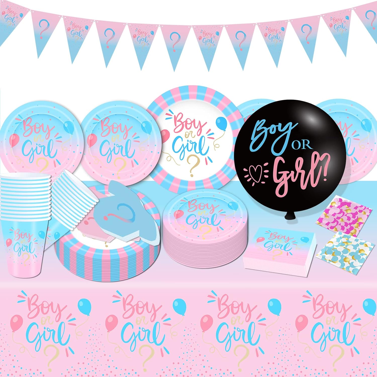 Gender Reveal Decorations, Baby Shower Party Supplies 124 Pieces Paper Plates, Cups, Napkins, Tablecloths, Black Balloon, Banner, Tableware Set Disposable Dinneware