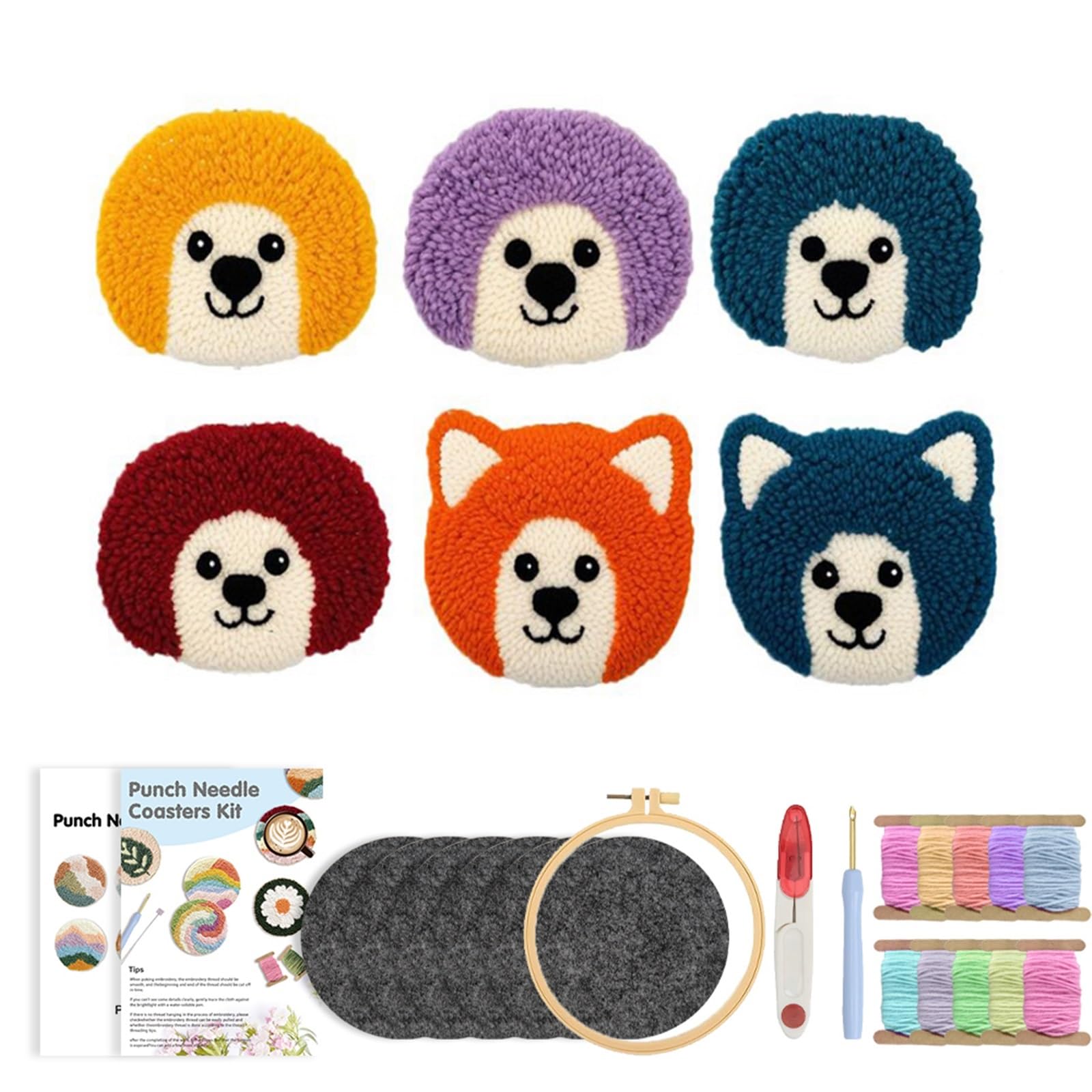 1set Colorful Animal Punch Needle Embroidery Kit With Coasters Mixed Colors For Beginners for DIY(Color1)
