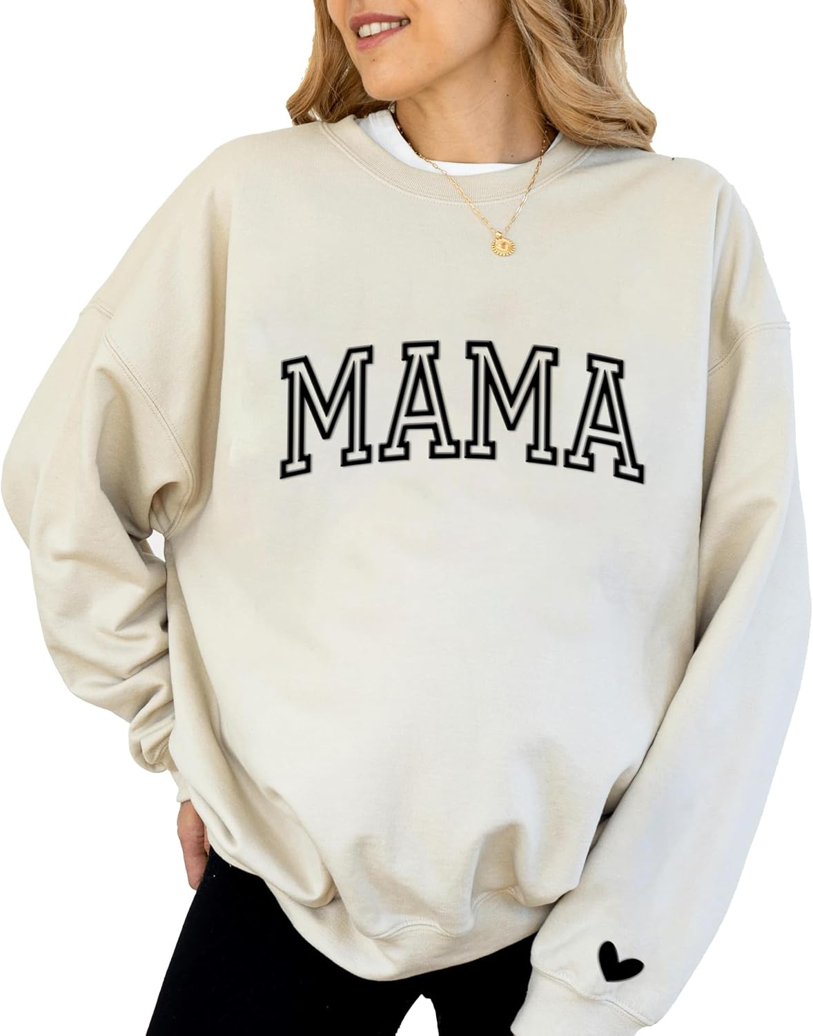 IZI POD Mama Sweatshirt, Mama Sweatshirt with Heart on Sleever, Gift for Mama, Mom, Birthday, Mother Day, Christmas