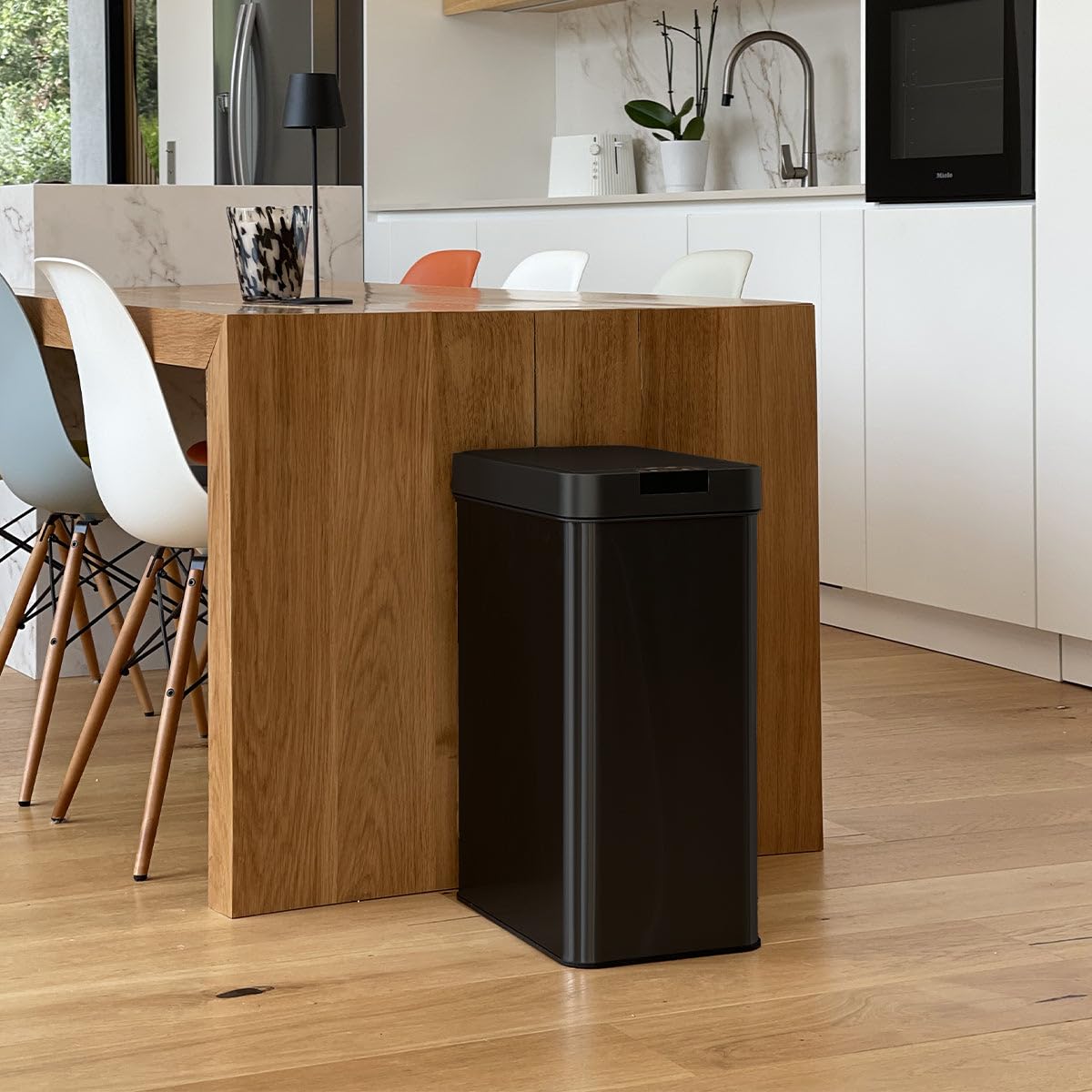KITCHEN MOVE Silverlake Black - Papelera de cocina automática de acero inoxidable con flejes de apertura de mariposa de gran capacidad