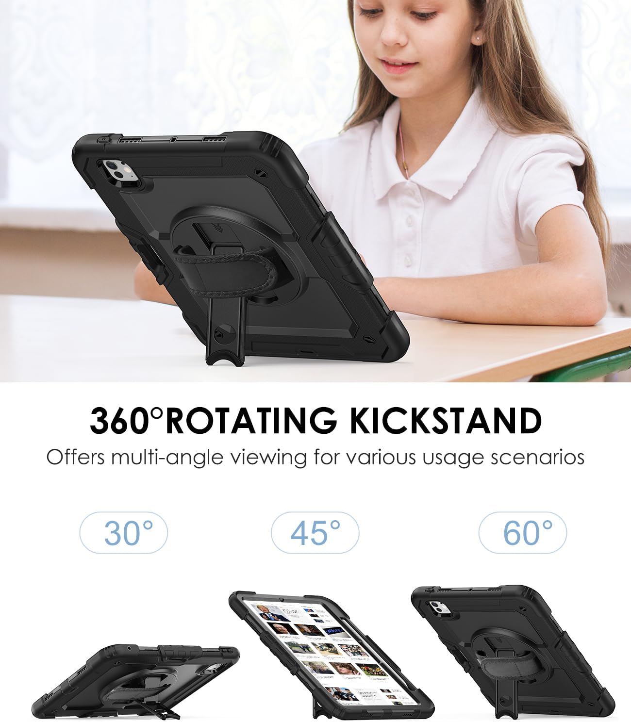 DUNNO for iPad Pro 11 Inch Case M4 2024 5th Generation, Shockproof Case with Screen Protector, Pencil Holder, 360° Rotating Stand, Adjustable Hand & Shoulder Strap (Black)