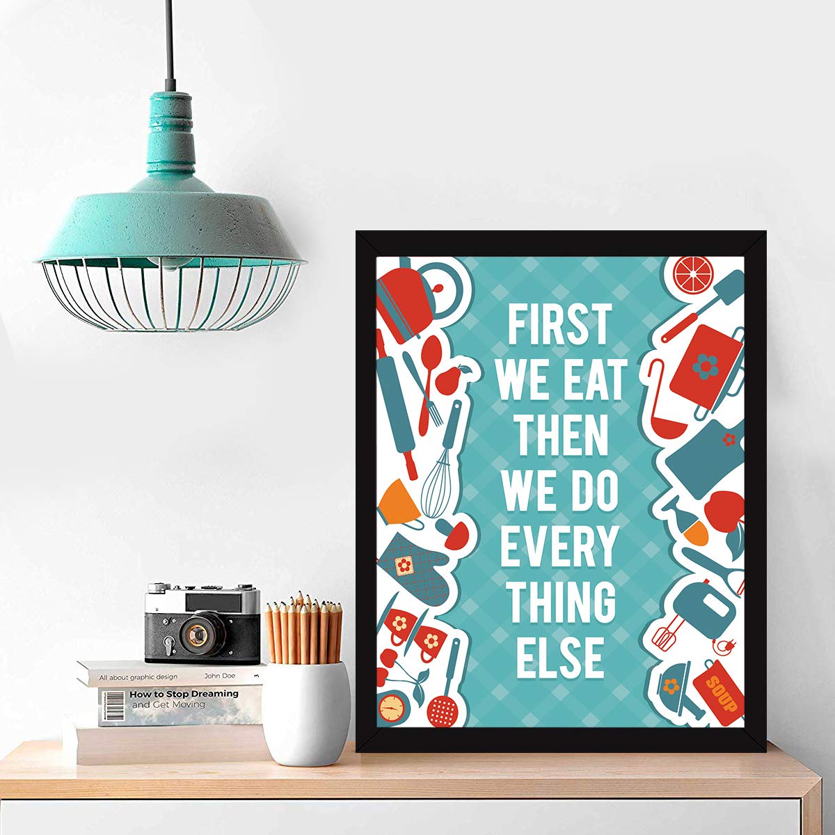 Kitchen Quotes Wall Frame - 'First We Eat' Turquoise -2