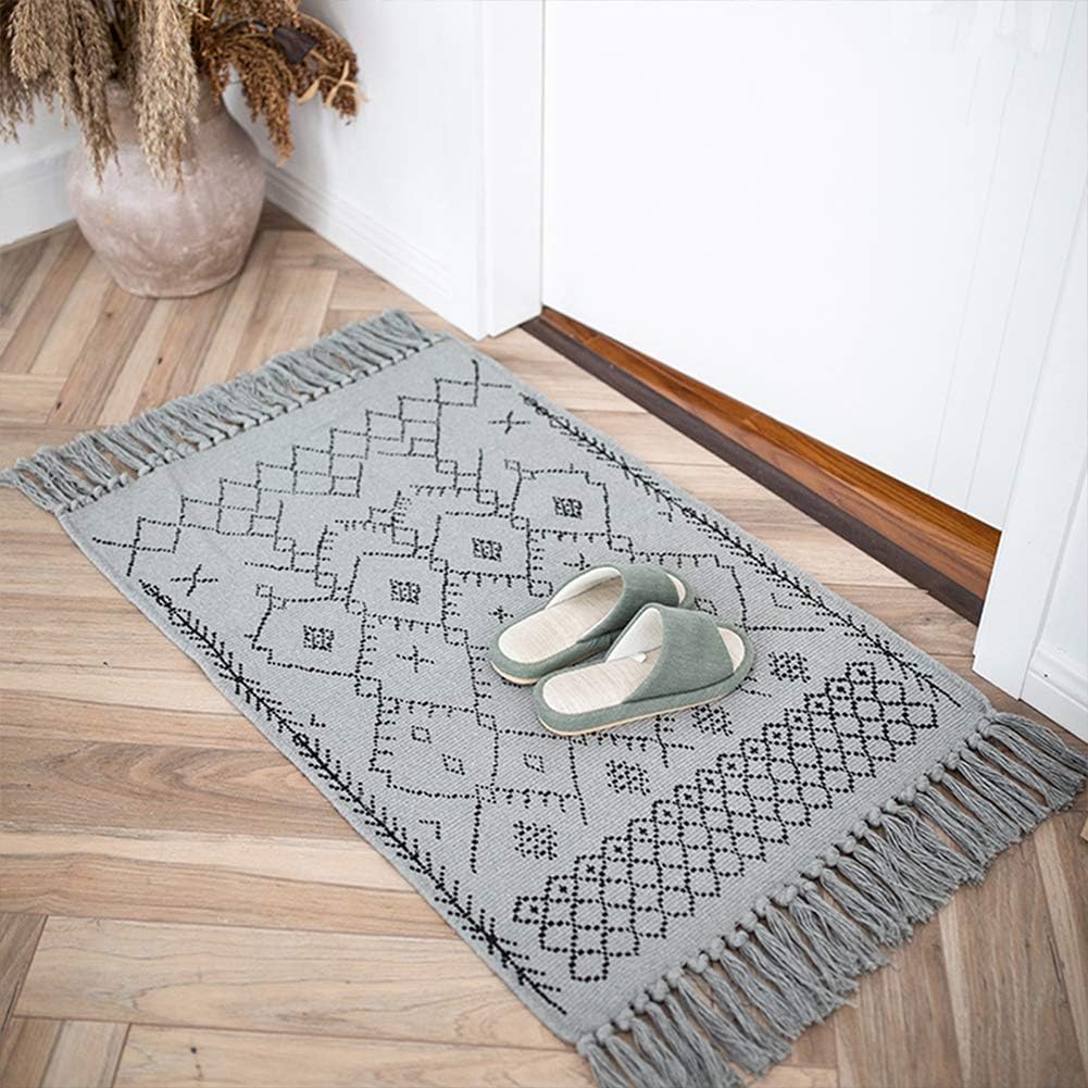 Boho Bathroom Rug, Grey Rugs Runner, Small Woven Kitchen Tassel Bath Mat, Bohemian Farmhouse Tribal Accent Fringe Front Door Entryway Bedroom Rug