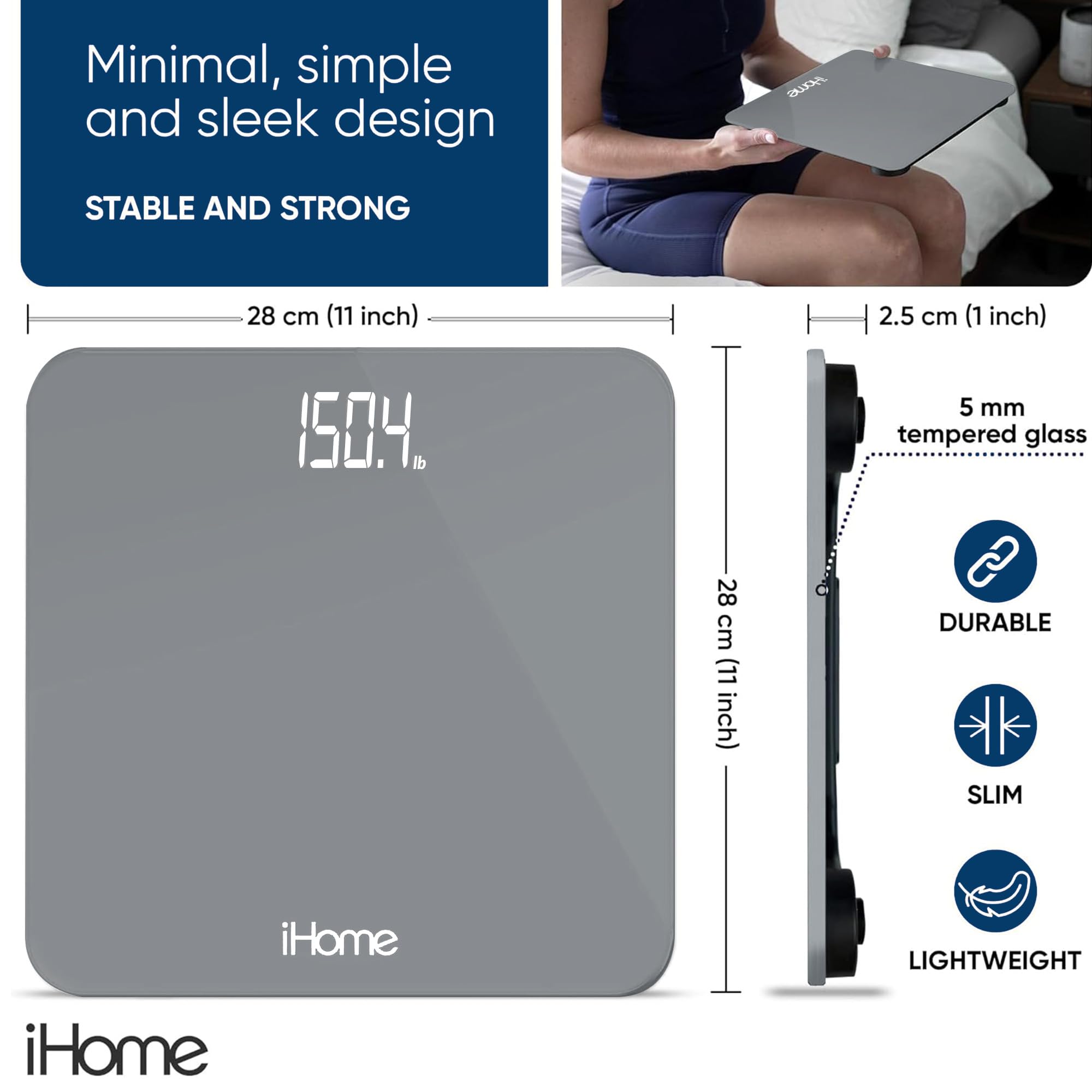 iHome iHome – Pèse-personne numérique de haute précision – 181,4 kg – Alimenté par piles avec écran DEL – Piles incluses – Idéal pour la salle de sport à domicile (gris)