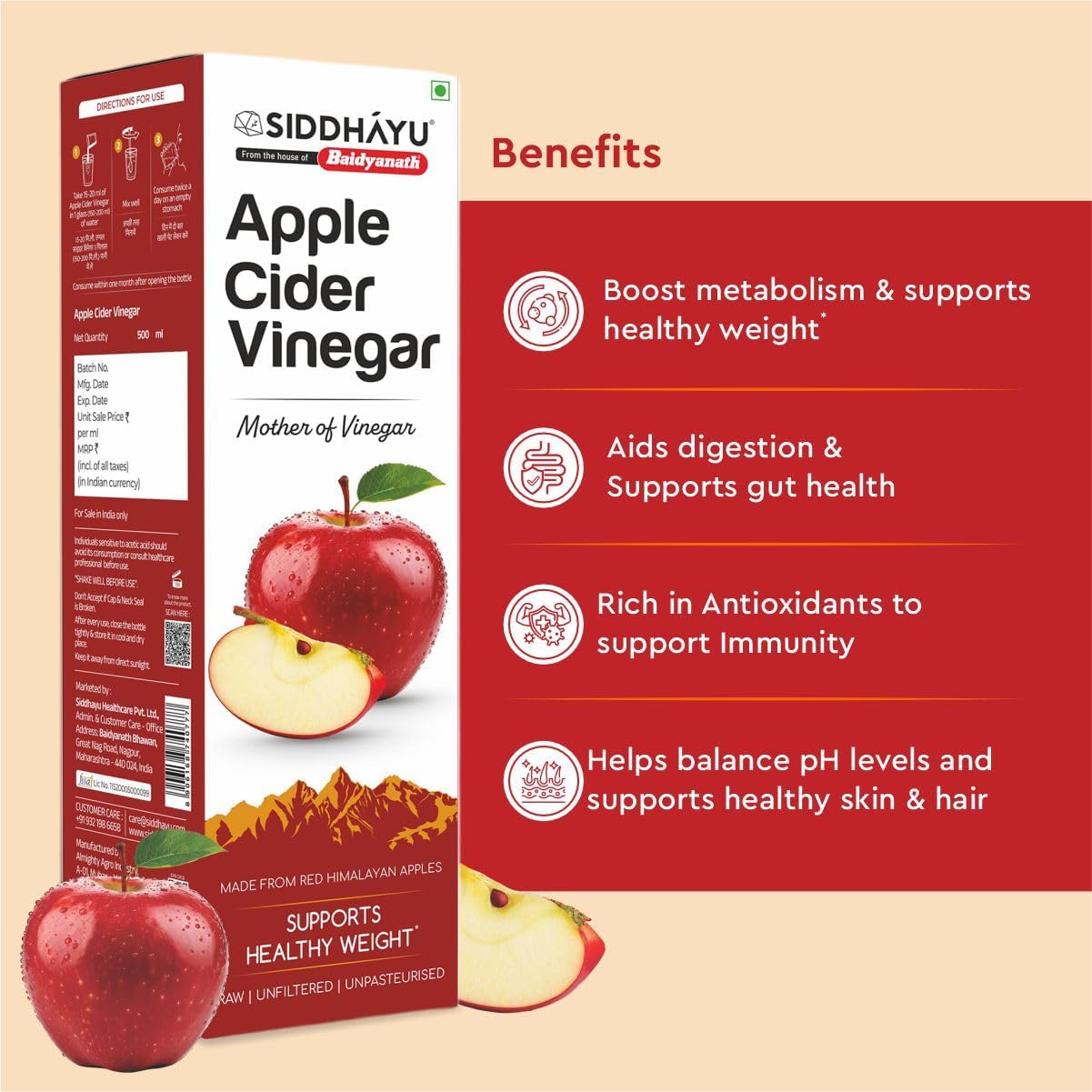 Baidyanath Asli Ayurved Apple Cider Vinegar - 500 Ml|Mother Of Vinegar Red Himalayan Apples|For Weight Management, Reduced Bloating, Healthy Skin & Hair - Raw, Unfiltered & Unpasteurized|100% Pure — Amazon image 3