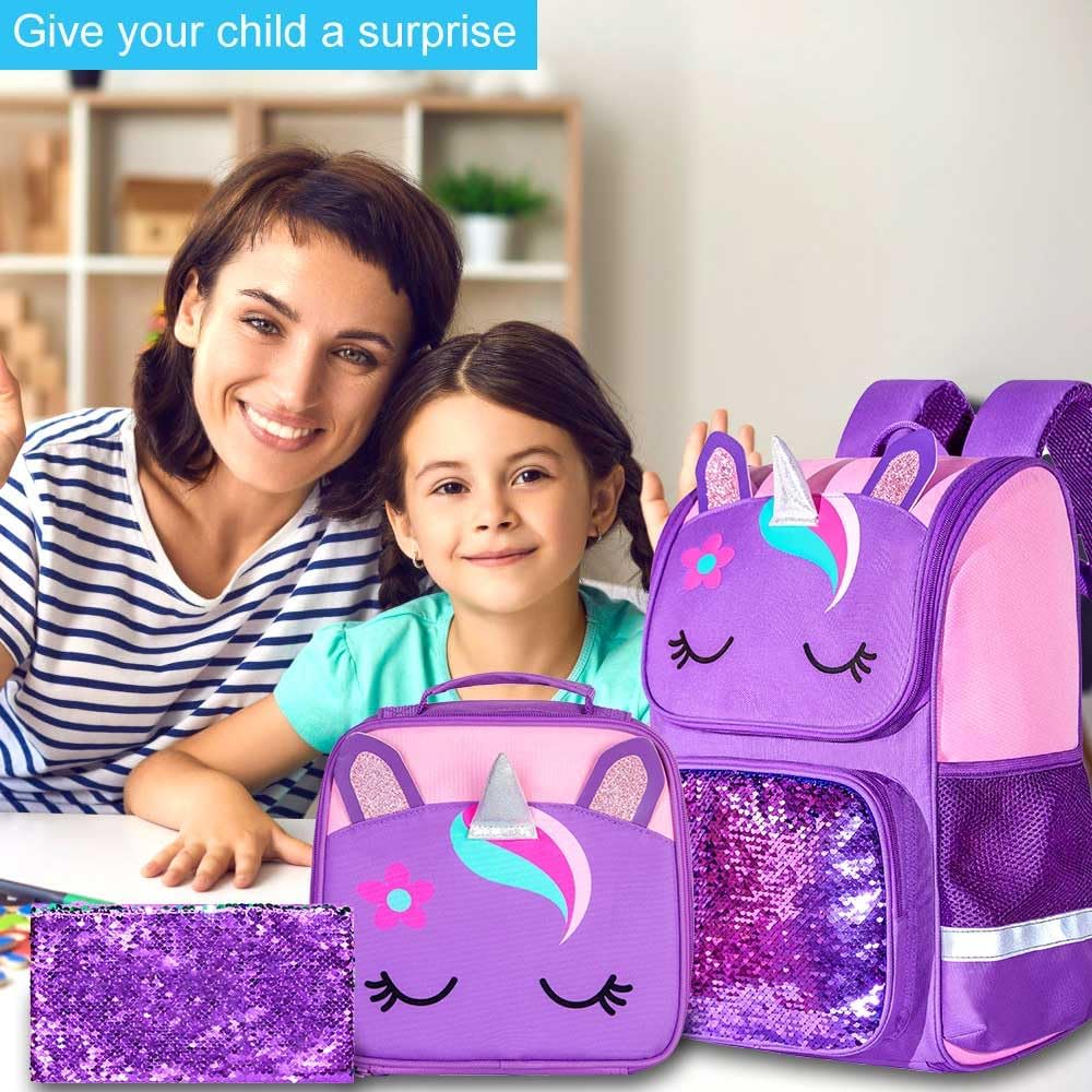 UFNDC 3PCS Unicorn Backpack, 15" Girls Sequin Bookbag with Lunch Box, Purple Kids School Bag for Elementary Preschool Toddler - Image 6