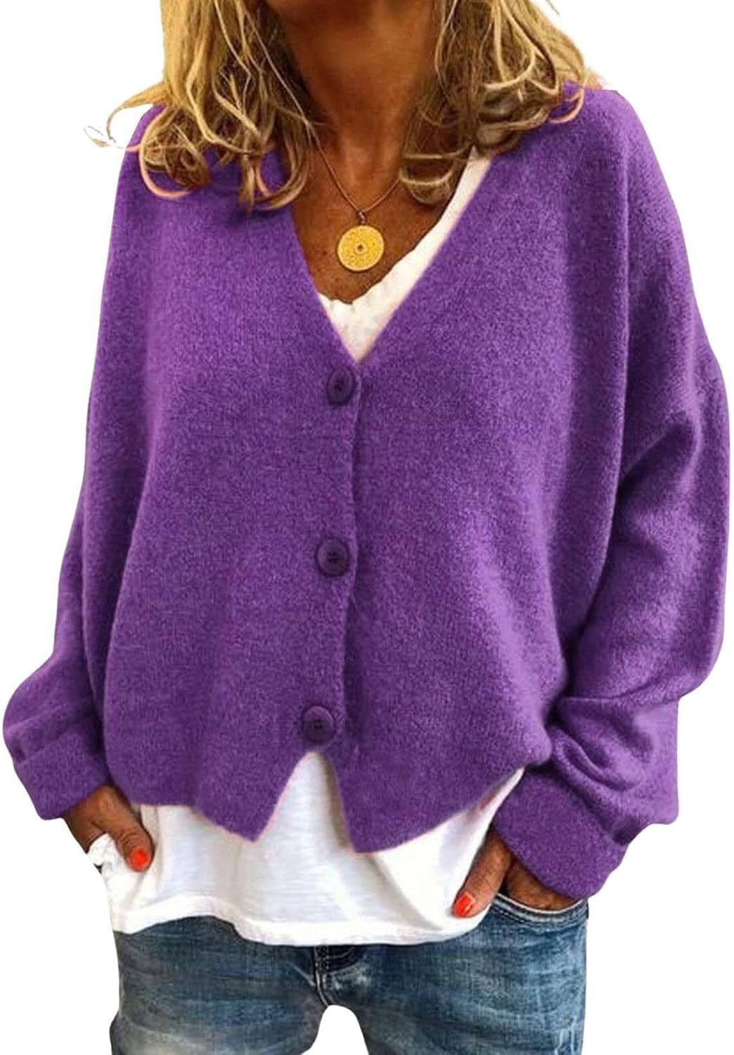 Loose Knit Sweater Cardigan for Women Fall Winter Casual Long Sleeve V-Neck Open Front Button Cropped Sweaters