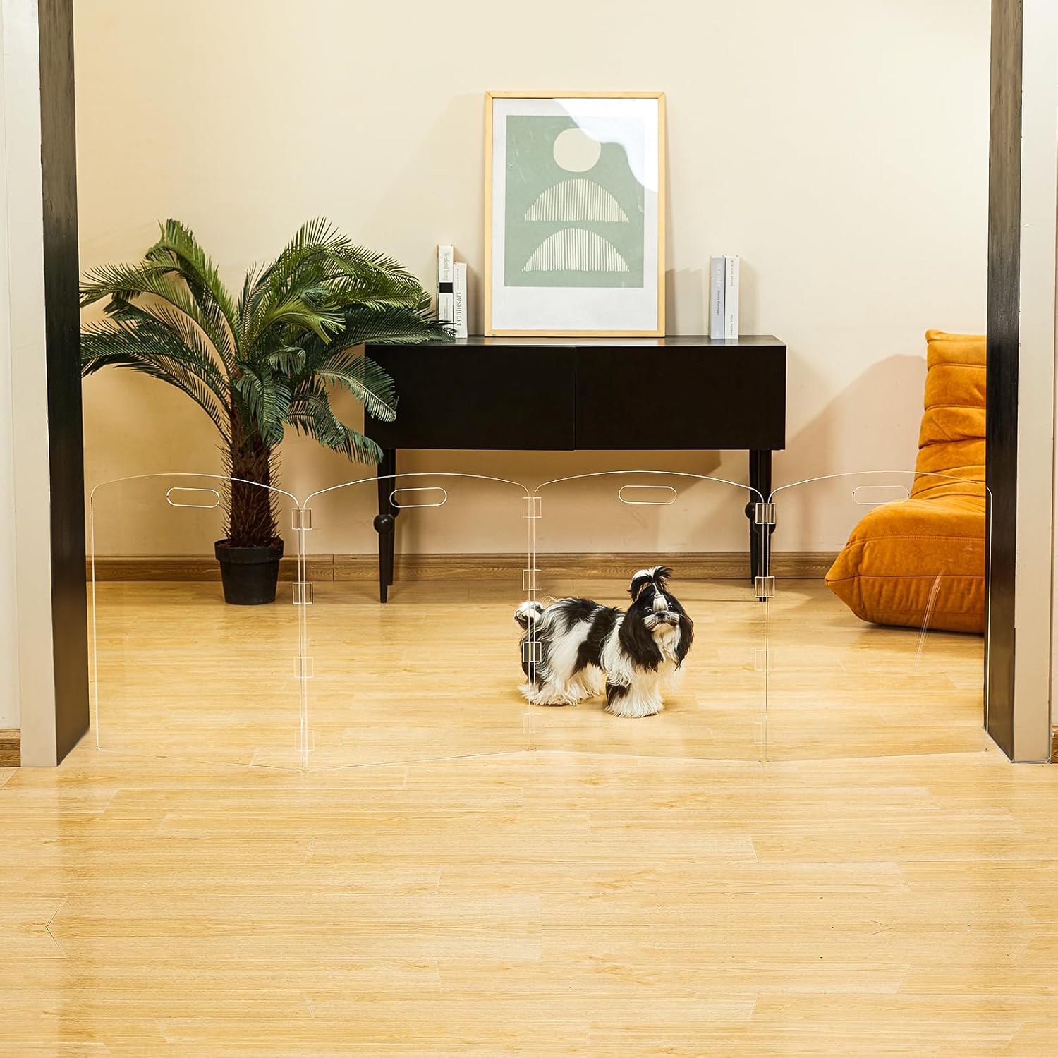 Modern Frame Clear Acrylic Freestanding Pet Gate - 24" High Extra-Wide Folding 4-Panel Dog Barrier for Doorways, Stairs & Large Openings, Indoor Fence for Dogs, Puppies & Cats
