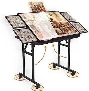 Puzzle Table with Folding Legs, 1500 Pieces Puzzle Board for Adults with Drawers, Cover, Wheels, Adjustable Angles, Wooden Jigsaw Puzzle Table