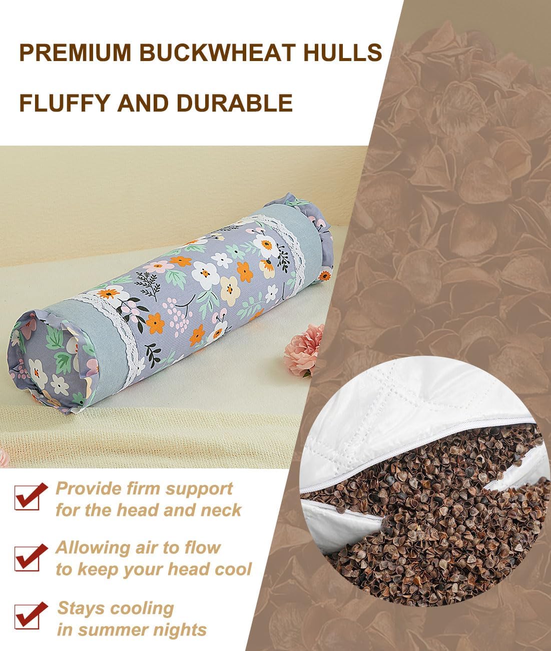 Buckwheat Hulls Neck Pillow for Pain Relief, Ergonomic Cervical Spine Shoulder Back Support, Adjustable Comfort for Sleeping Travel, Floral Pillowcover, 16x4 Inch (Flower D) - Image 2