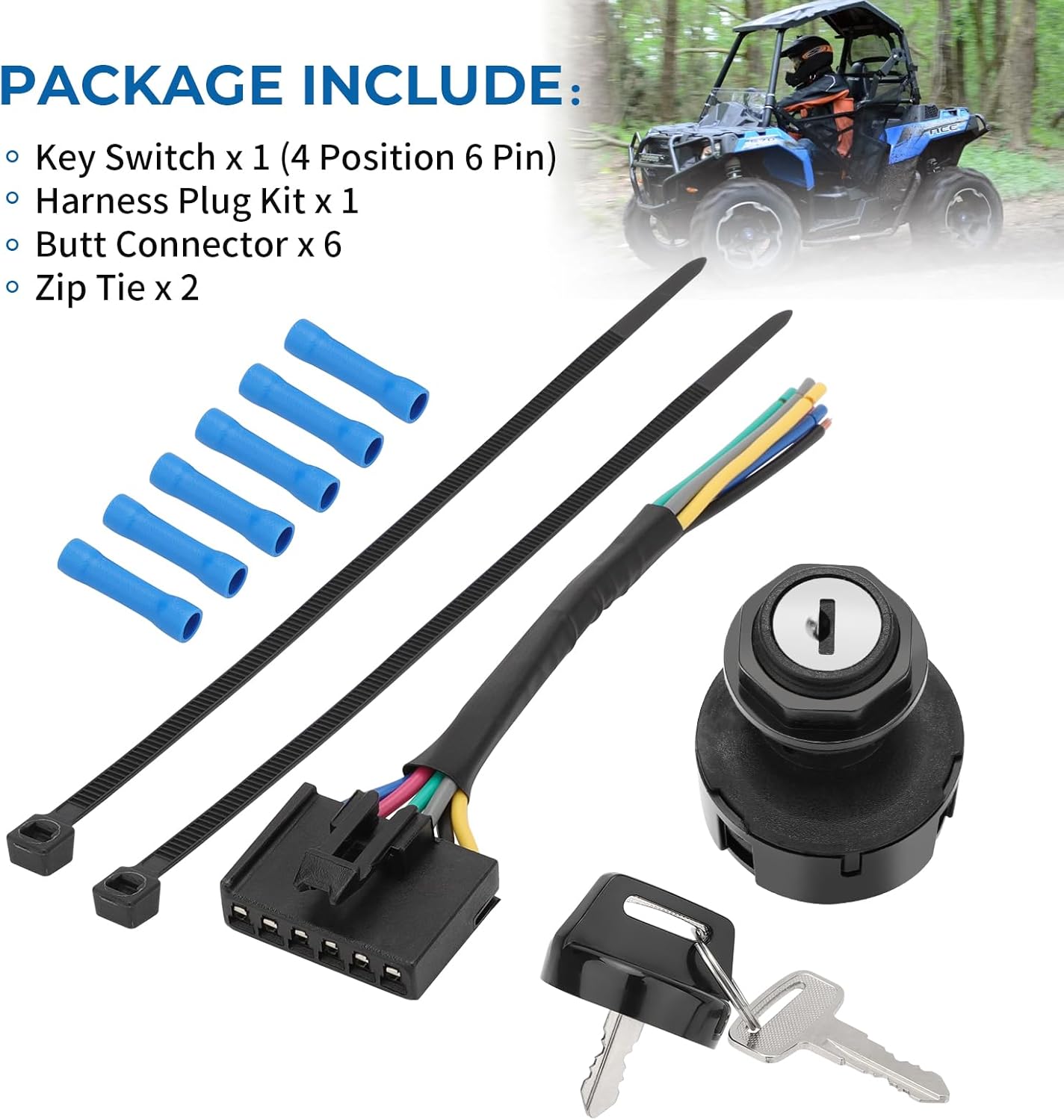 M MATI Ignition Key Switch 4 Position 6 Pin & Harness Kit for Polaris Ranger 400/500/570/800-Mid-Size/ETX/EV-Li-Ion RZR 570-Base ACE 325/500/570/900 4012166 4011142 2878509