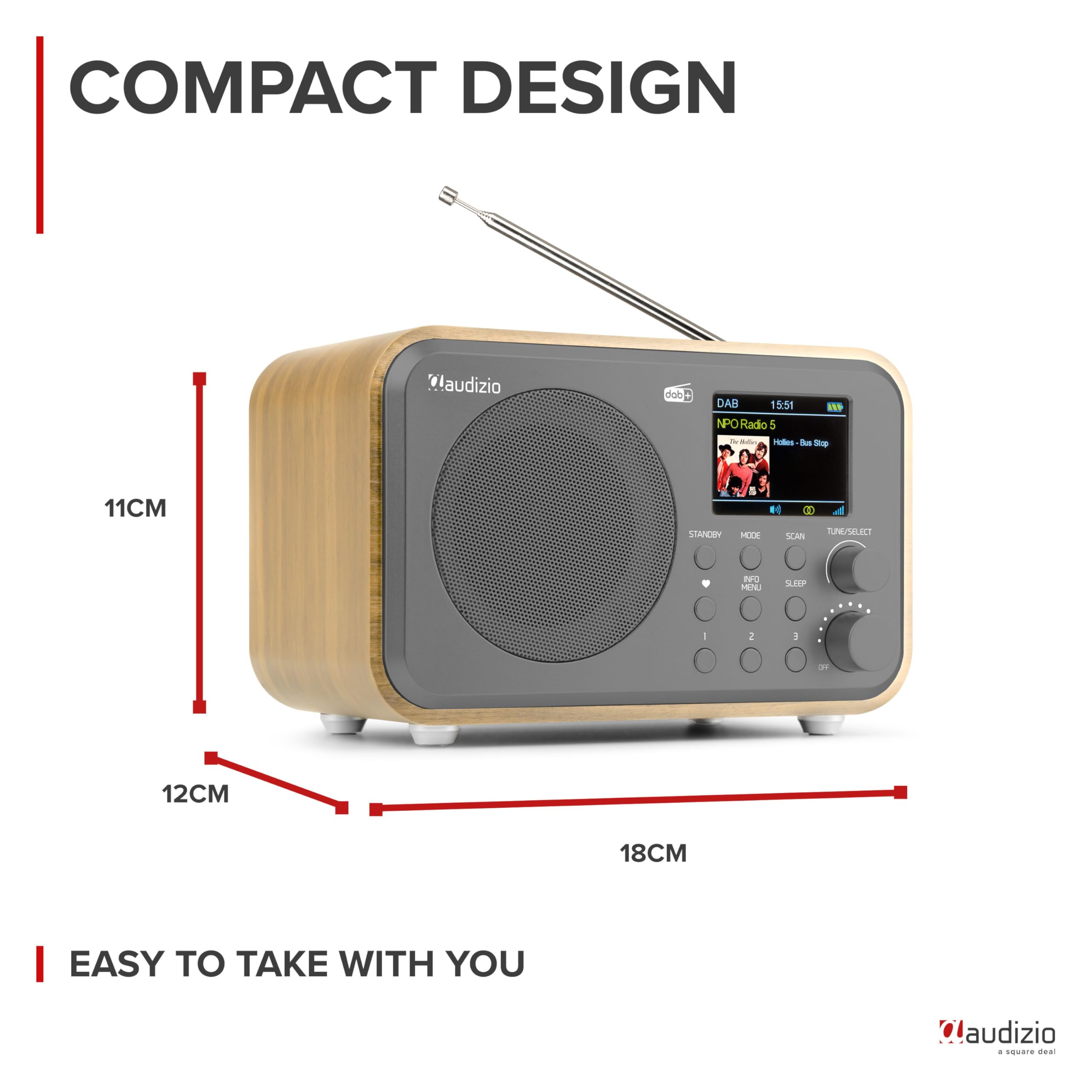 Audizio Milan Radio Dab+ FM Portatile Bluetooth Batteria Incorporata Bambù | Ascolto radio Nomade in DAB+ e FM, connessione Bluetooth, batteria integrata, uso domestico e facile da spostare