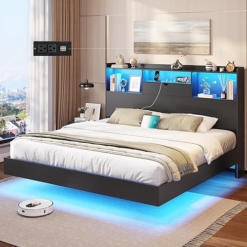 DICTAC California King Floating Bed Frame with LED Lights and Headboard Storage, Visual Floating Bed with Charing Station, Metal Platform Bed Cal King Size with Stable Structure, No Box Spring Need