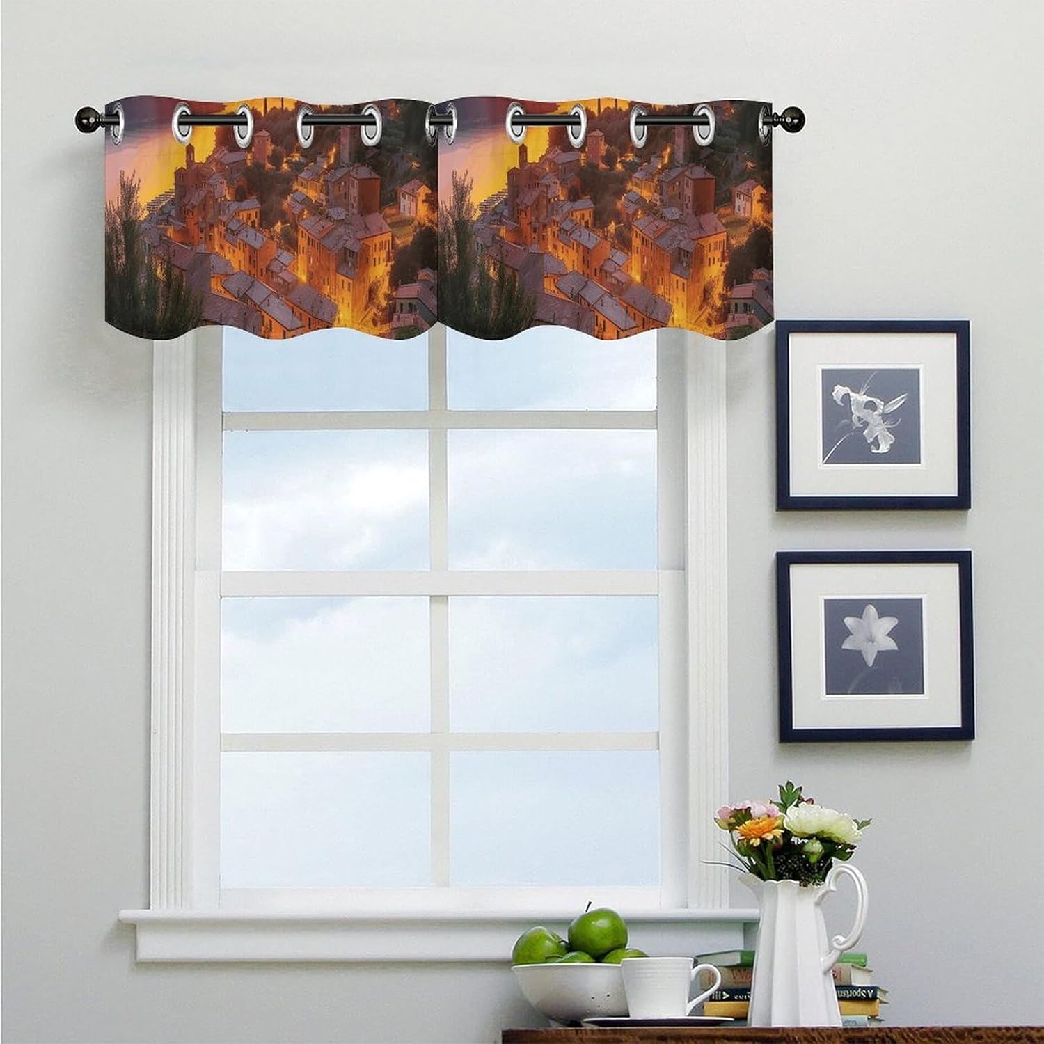 Italian Sunset Valance for Windows, 2 Pack Kitchen Curtains Modern Home Decor, Soft Blackout Window Curtains for Living Room & Bedroom, 18 X 52 Inch