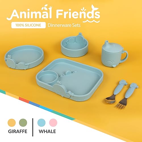 Miniatura 4 de Nuby Animal Friends - Juego de tenedores y cucharas de silicona y acero inoxidable, 12 meses en adelante, ballena azul