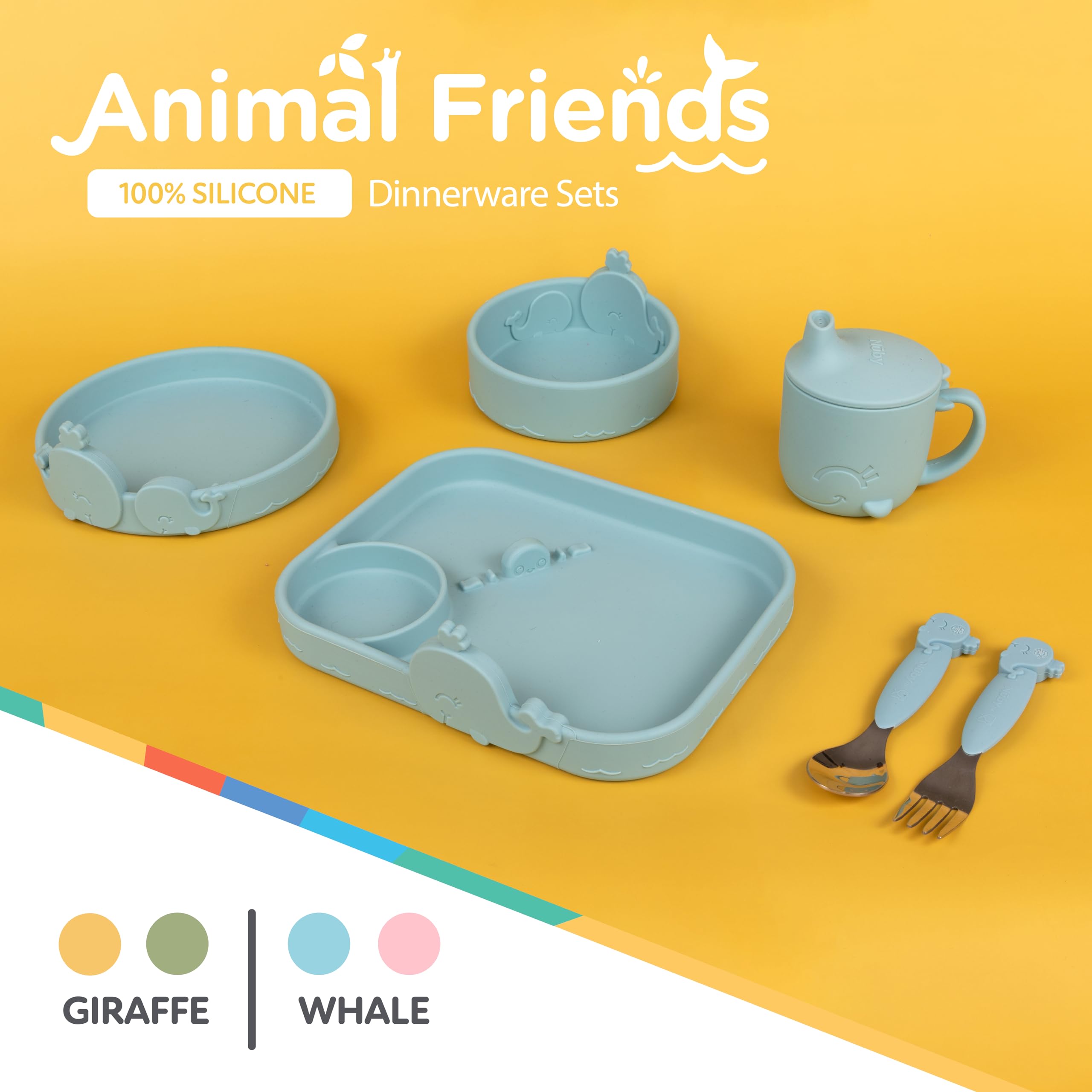 Nuby Animal Friend - Cuenco redondo de silicona para niños pequeños, 6 meses en adelante, ballena azul
