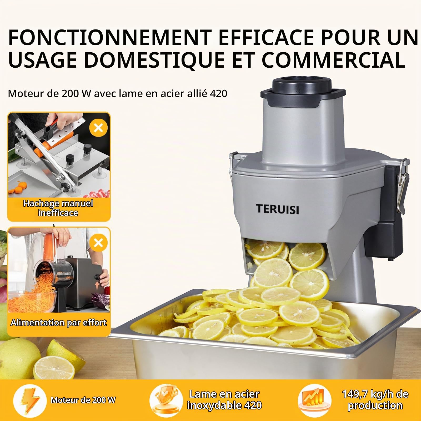 Hachoir à Légumes Électrique 4 en 1, 200W – Coupe-Légumes Professionnel avec Fonctions de Tranchage, Râpage, Coupe en Dés et Lanières, Robot Culinaire Multifonction Facile à Nettoyer