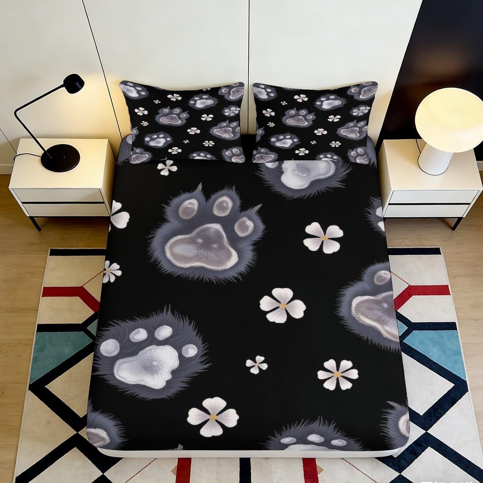 3D Printed Black Cat Paw Fitted Sheet Microfiber Anti-Slip Mattress Cover Floral Pattern for Bedroom Dorm Easy Care 140x200x25cm