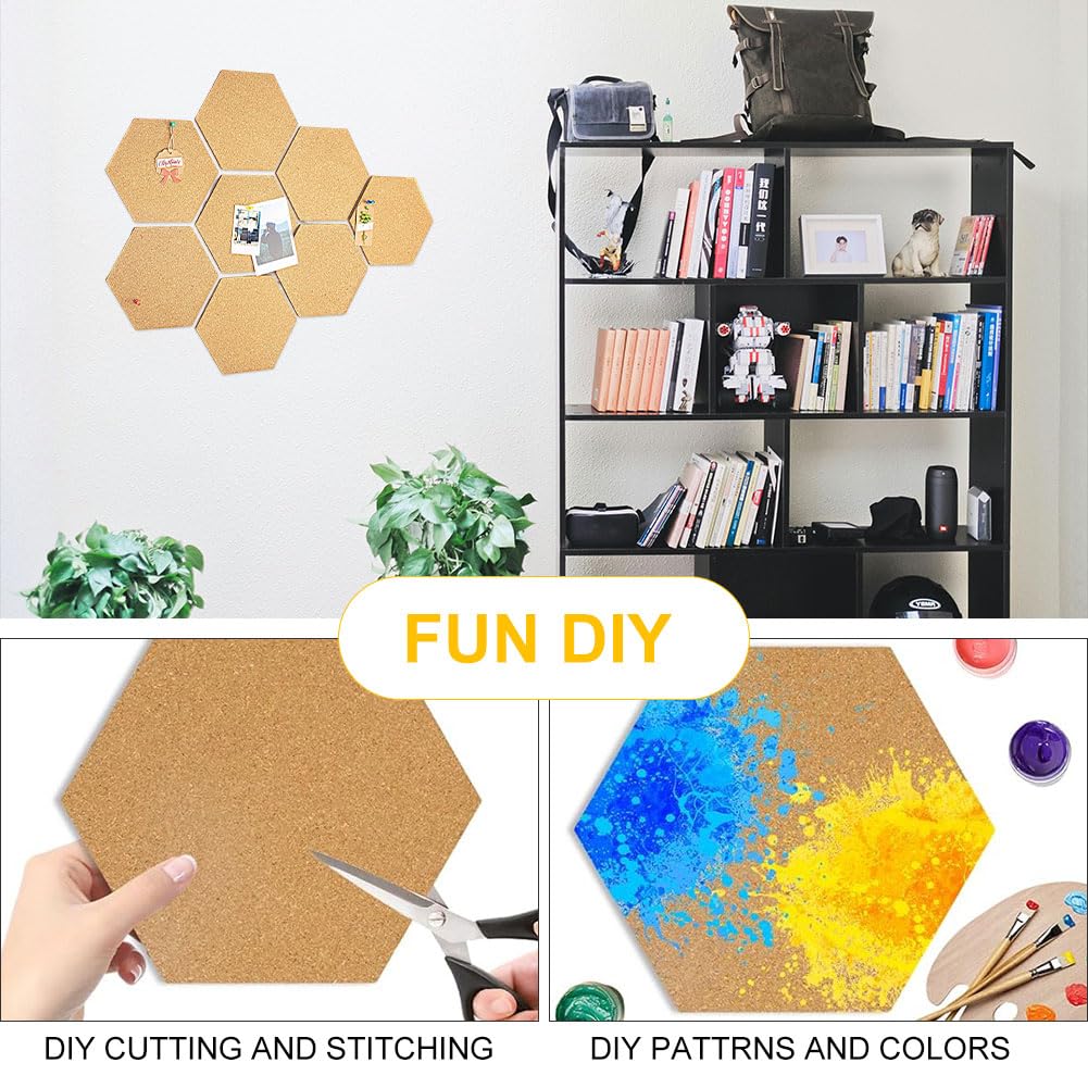 Corcho Pared Autoadhesivo, Pizarra Corcho Hexagonal, Placa Decorativa Hexagonal, Tablón de Anuncios, 5 Piezas Tablones Autoadhesivos con 50 Chinchetas, Placa Decorativa para Colgar Fotos