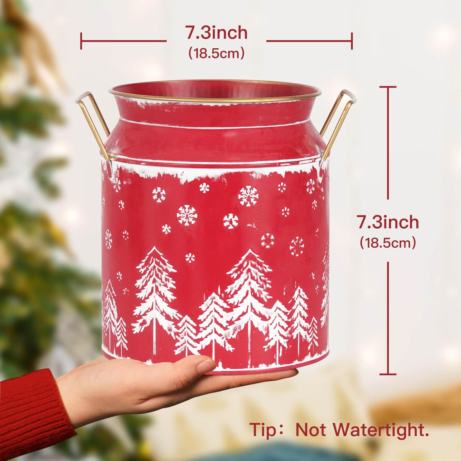 Putuo Decor Large Metal Milk Can with White Winter Forest Snowflake Design Rustic Farmhouse Holiday Vase with Gold Handles Vintage Christmas Décor for Festive Centerpieces Home Accents (Red)
