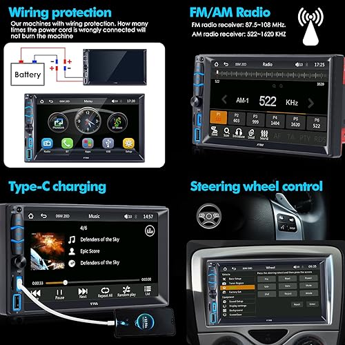 Miniatura 8 de Estéreo de auto doble DIN Apple Carplay y Android Auto Radio para automóvil, radio de pantalla táctil de 7 pulgadas, Bluetooth, radio AMFM,