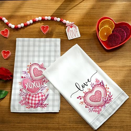 Miniatura 4 de ARKENY AD163 - Juego de 2 paños de cocina para el día de San Valentín, diseño de búfalo gris, hojas de eucalipto rosa, diseño de corazón, 18 x 26