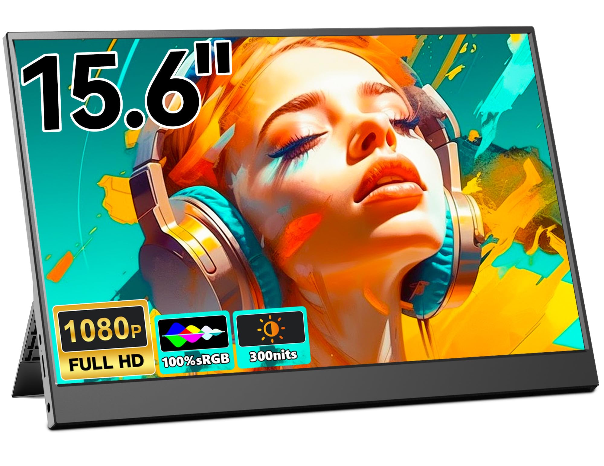 15,6'' Portable Monitor, 1080P FHD Tragbarer Monitor mit Ständer, Mobiler Monitor IPS Bildschirm mit Lautsprechern, Ultra-Dünner Zweitbildschirm für Laptop/PC/Mac/PS4/Switch-USB-C & HDMI Anschluss