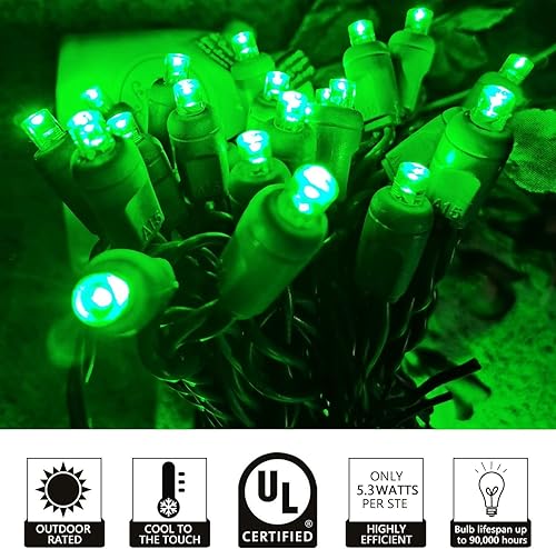 Miniatura 2 de Luces de Navidad verdes de 17 pies, 50 luces LED de alambre verde estrellado con enchufe, IP64 impermeable 0.197 in gran angular cónica luces de