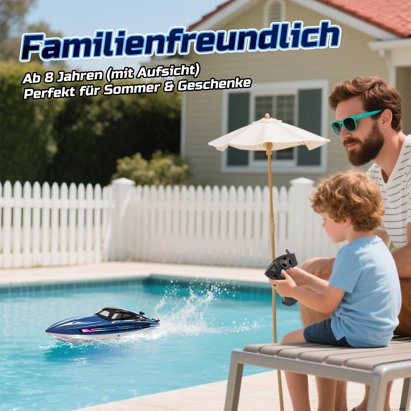WeFone RC Boot für Kinder,2,4 GHz ferngesteuertes Boot mit LED-Lichtern, 40 Minuten Spielzeit, Wasserdicht & Kentersicher, Ideales Wasser-Spielzeug für Pool & See, Geschenk für Jungen ab 8 Jahren