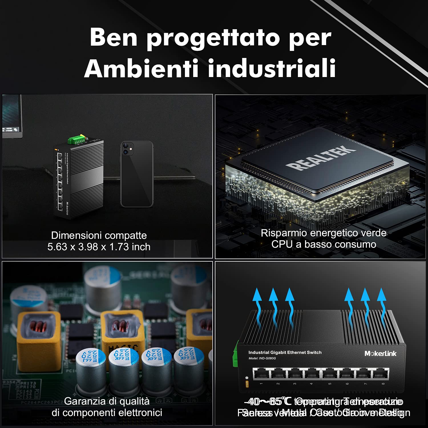 mokerlink Switch Ethernet su Guida DIN Industriale Gigabit a 8 Porte, capacità di commutazione 16 Gbps, Switch di Rete Non gestito IP40 (da -40 a 185 °F), con Alimentatore