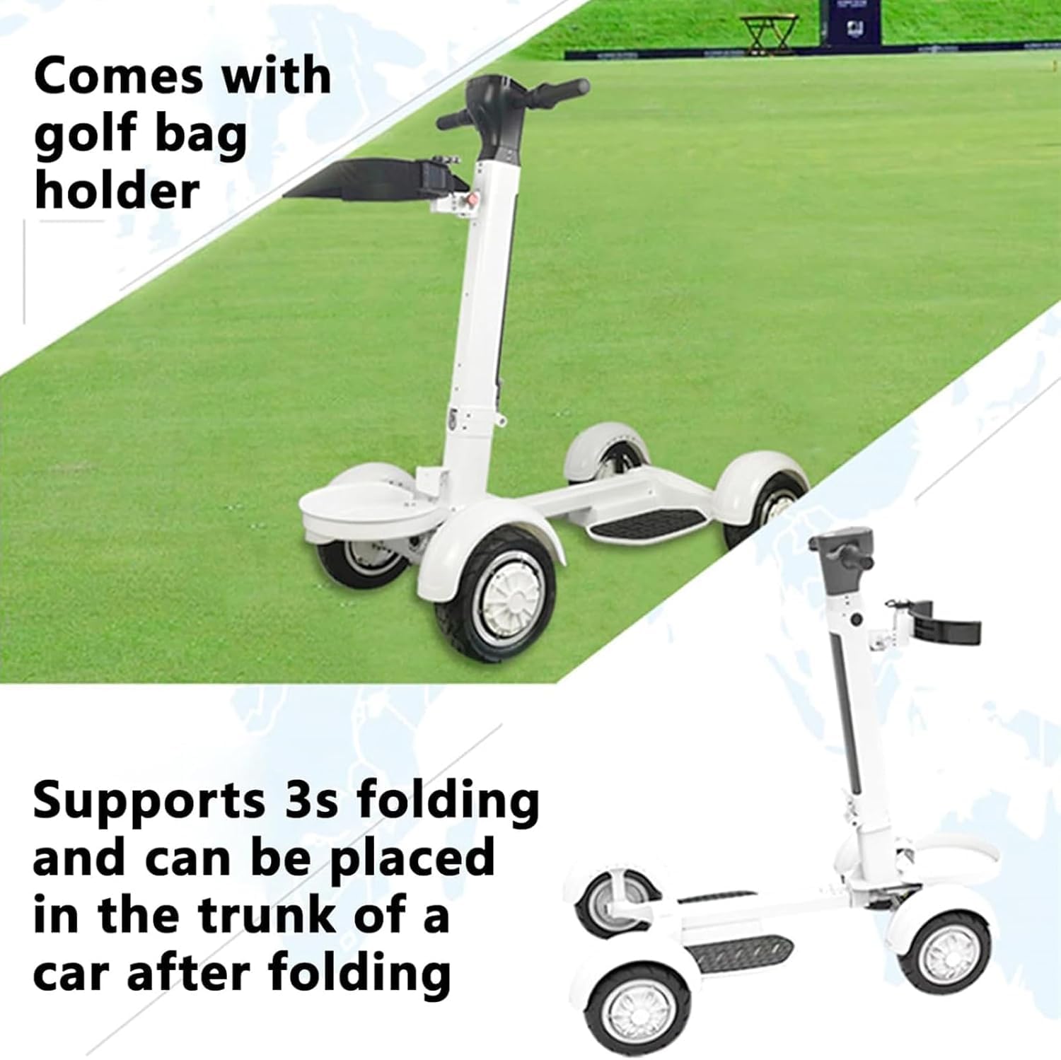 Poussette Golf Électrique avec Pédale,Scooter Golf Plié À 4 Roues avec Poignée,Support Marche Avant/arrière, Stationnement en Pente Facile, Portée Jusqu'à 30km,Charge 200kg, pour Terrain